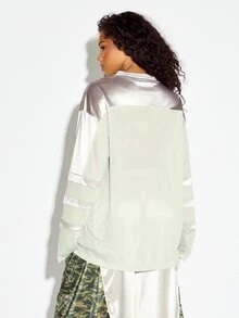 SUMWON WOMEN Oversized Mesh And Satin Color Block V-Neck Long Sleeve Jersey Top With Logo Print And Stripe Sleeve Detail - Multicolor - View 2