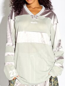 SUMWON WOMEN Oversized Mesh And Satin Color Block V-Neck Long Sleeve Jersey Top With Logo Print And Stripe Sleeve Detail - Multicolor - View 5