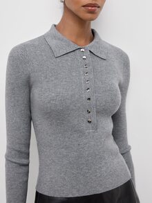 Maija Top de punto ajustado de unicolor versátil para uso diario casual minimalista que combina con todo, para salir, oficina y brunch, ropa de otoño gris para mujer - Gris - Ver 4
