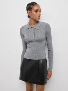 Maija Top de punto ajustado de unicolor versátil para uso diario casual minimalista que combina con todo, para salir, oficina y brunch, ropa de otoño gris para mujer - Gris - Ver 5