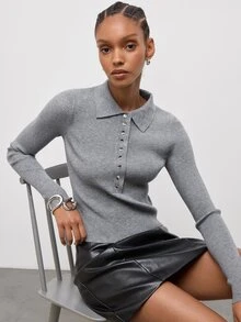 Maija Top de punto ajustado de unicolor versátil para uso diario casual minimalista que combina con todo, para salir, oficina y brunch, ropa de otoño gris para mujer - Gris - Ver 1