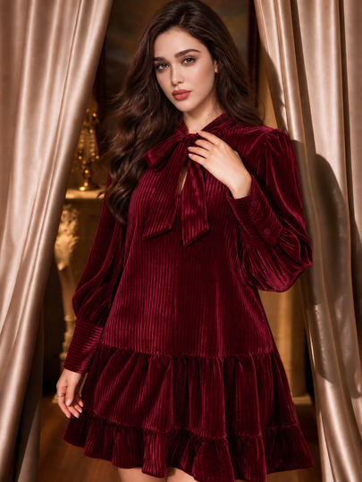 Auvina Plus Size Burgundy Vertical Striped Velvet Women's Dress, Bowknot Collar, Puff Long Sleeve, Ruffle Hem, Loose A-Line Short Dress, Party Gathering Formal Dress
