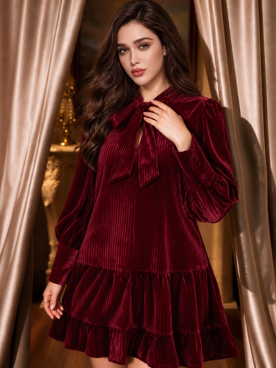 Auvina Plus Size Burgundy Vertical Striped Velvet Women's Dress, Bowknot Collar, Puff Long Sleeve, Ruffle Hem, Loose A-Line Short Dress, Party Gathering Formal Dress - Burgundy - View 1