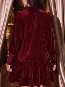 Auvina Plus Size Burgundy Vertical Striped Velvet Women's Dress, Bowknot Collar, Puff Long Sleeve, Ruffle Hem, Loose A-Line Short Dress, Party Gathering Formal Dress - Burgundy - View 2