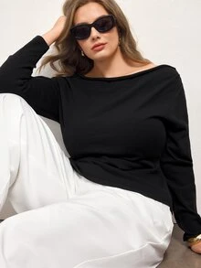 Maija Plus Size Women's Solid Color Boat Neck Drop Shoulder Long Sleeve Casual Elegant Sweater Autumn Office Formal Black - Black - View 7