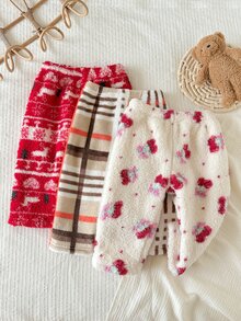SHEIN Playful Pals 3件組女嬰褲 運動褲 可愛甜美 紅色 米色 白色 毛茸茸絨毛 格紋花卉 厚款 假日冬季秋季保暖 慢跑褲 鬆緊腰 - 紅色 - 查看 2