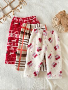 SHEIN Playful Pals 3件組女嬰褲 運動褲 可愛甜美 紅色 米色 白色 毛茸茸絨毛 格紋花卉 厚款 假日冬季秋季保暖 慢跑褲 鬆緊腰 - 紅色 - 查看 7