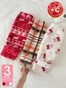 SHEIN Playful Pals 3件組女嬰褲 運動褲 可愛甜美 紅色 米色 白色 毛茸茸絨毛 格紋花卉 厚款 假日冬季秋季保暖 慢跑褲 鬆緊腰 - 紅色 - 查看 4