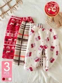 SHEIN Playful Pals 3件組女嬰褲 運動褲 可愛甜美 紅色 米色 白色 毛茸茸絨毛 格紋花卉 厚款 假日冬季秋季保暖 慢跑褲 鬆緊腰 - 紅色 - 查看 3