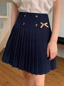 SHEIN 女童蝴蝶結裝飾百褶迷你裙，雙排扣高腰A字裙，休閒可愛學院風，適合日常上學穿著，海軍藍，秋季 - 寶藍色 - 查看 1