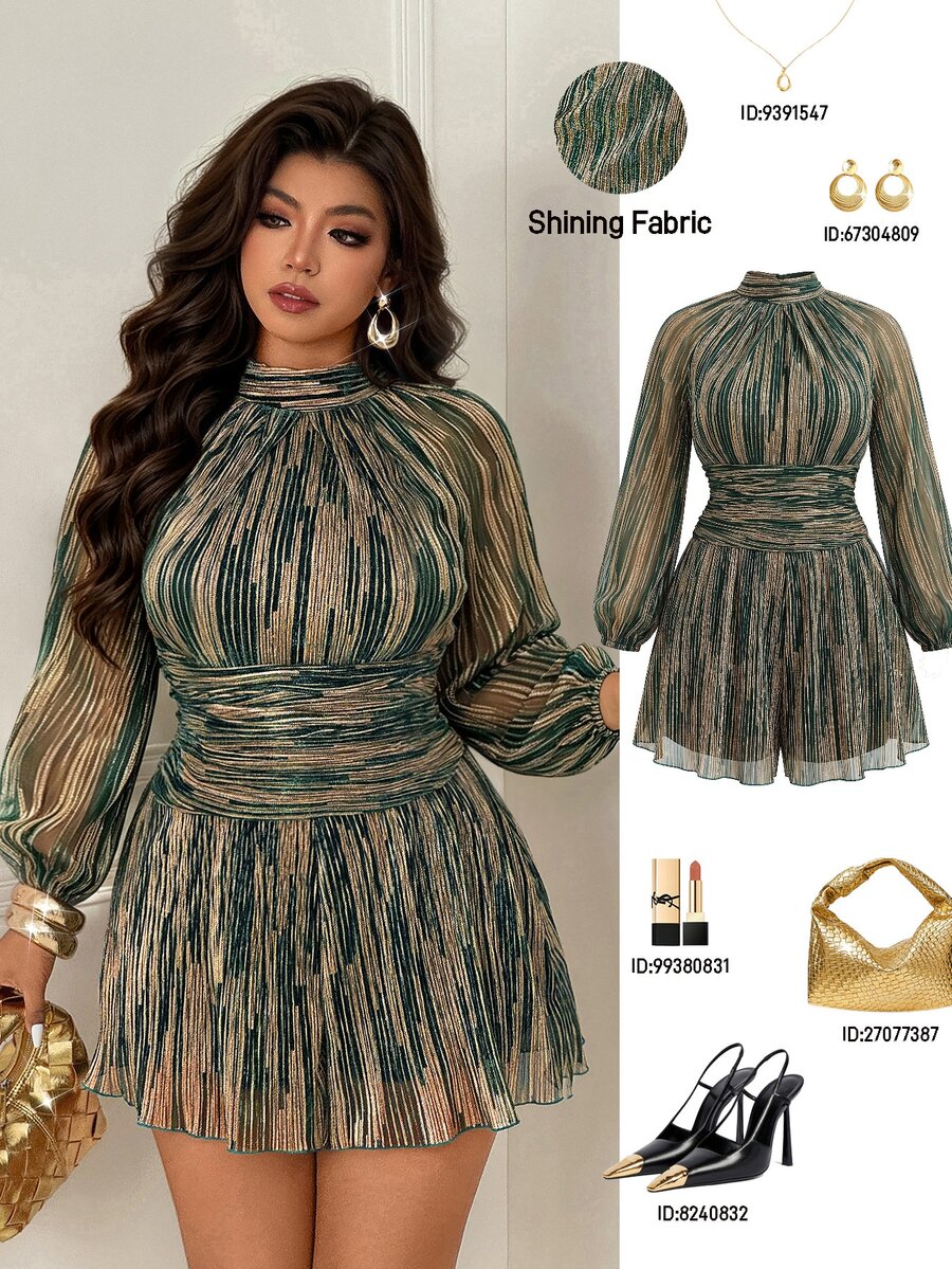 Femmeverse Plus Size Women's Fashion Sexy Halter Neck Pleated Metallic Fabric A-Line Lantern Sleeve Romper Fall - Dark Green - View 1