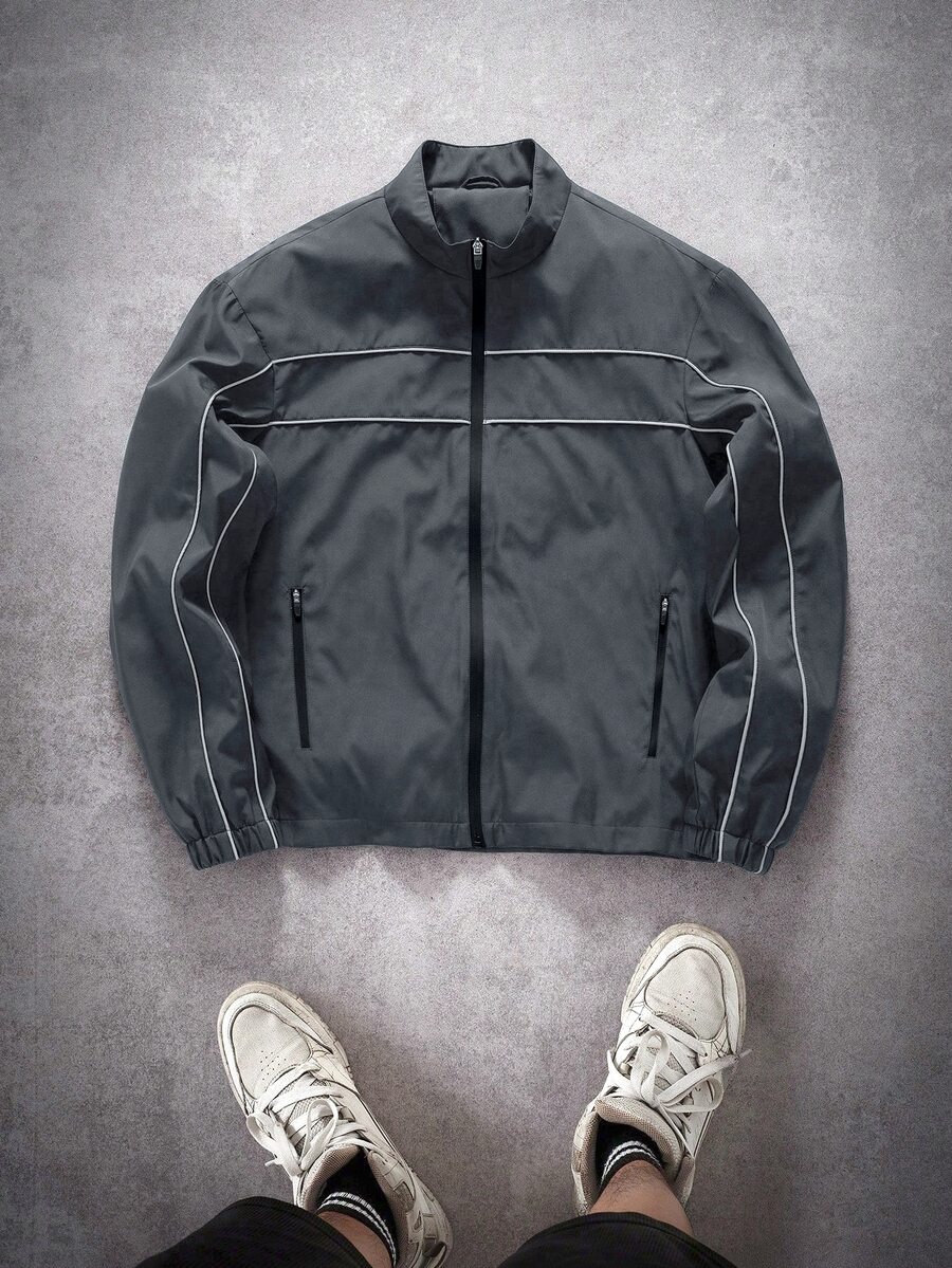 Manfinity Roghcode Men's Casual Fashion Versatile Long Sleeve Cropped Jacket, Techwear Y2k Cropped Zip Up Race Track Jacket , Fall, Grunge - Dark Grey - View 1