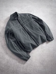 Manfinity Roghcode 男士休閒時尚百搭長袖短版夾克，Techwear Y2K 短版拉鍊賽車夾克，秋季，Grunge 風格 - 深灰色 - 查看 4