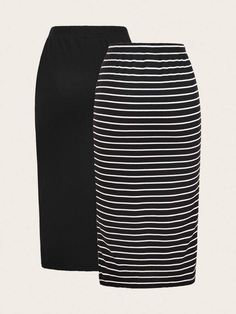 SHEIN LUNE 2pcs Women Casual Basic Black And White Striped Solid Pencil Maxi Skirt Set,Autumn Work Office Everyday Holiday Business Office Outfits,Back To School - Multicolor - View 7