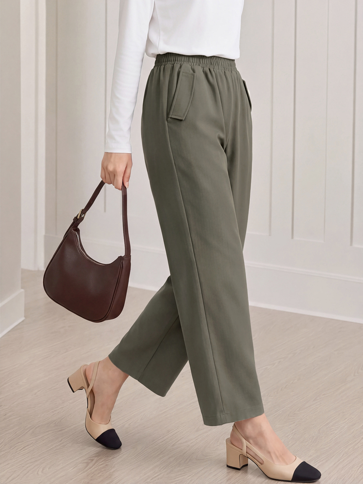 Yumoku Women's Casual All-Match Versatile Solid Color Long Pants Work Business Office Olive Green Fall - Olive Green - View 6