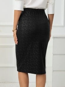 Medorina Elegant Modern Business, Floral Jacquard Pencil Skirt, Textured Fabric Black, High Waist Bodycon, Office Work Party Ceremony, Fall Winter - Black - View 3