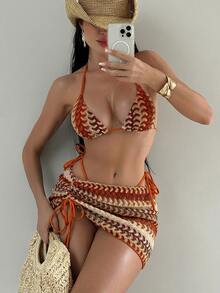 SHEIN Swim 女款夏季提花布料掛脖細肩帶迷你裙 3 件式性感比基尼套裝 度假風 - 彩色 - 查看 1