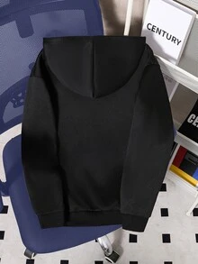 Teen Boy Plain Hooded Sweatshirt, Loose Casual Streetwear Baggy Black Jacket Autumn Sixth Form Party - Black - View 2