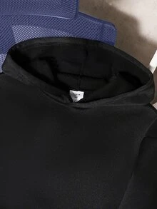 Teen Boy Plain Hooded Sweatshirt, Loose Casual Streetwear Baggy Black Jacket Autumn Sixth Form Party - Black - View 4