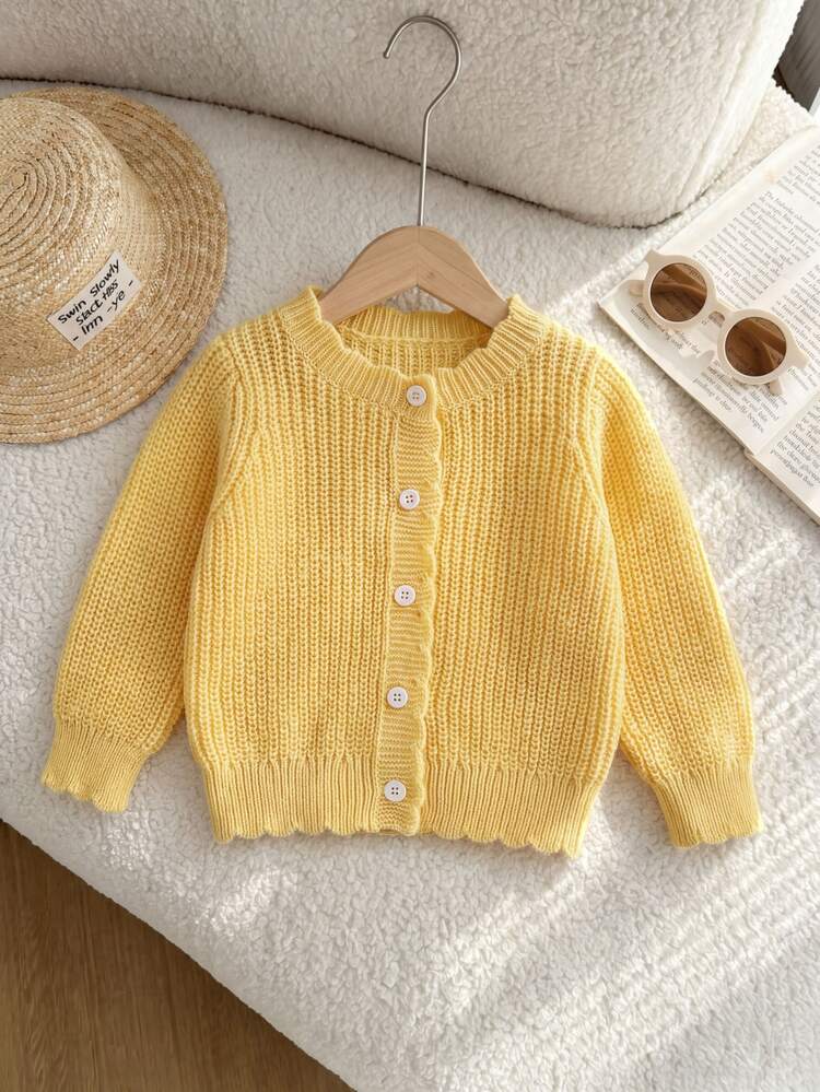 Souflis Baby Girls Cardigans, Round Neck Knitted, Solid Color Sweater, Pale Yellow, Gender Neutral, Cute, Fall, School Family Matching - Yellow - View 1