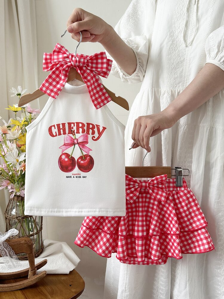 SHEIN Baby Girl Letter Cherry Print Halter Top And Plaid Skort Set Family Matching Vacation Red And White Checkered Gingham Summer Cute White 2nd Birthday - Red - View 5