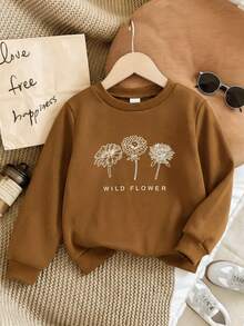 Young Girl Minimalist Floral Pattern Crew Neck Long Sleeve Sweatshirt Brown Sweatshirt Autumn Fall - Brown - View 3