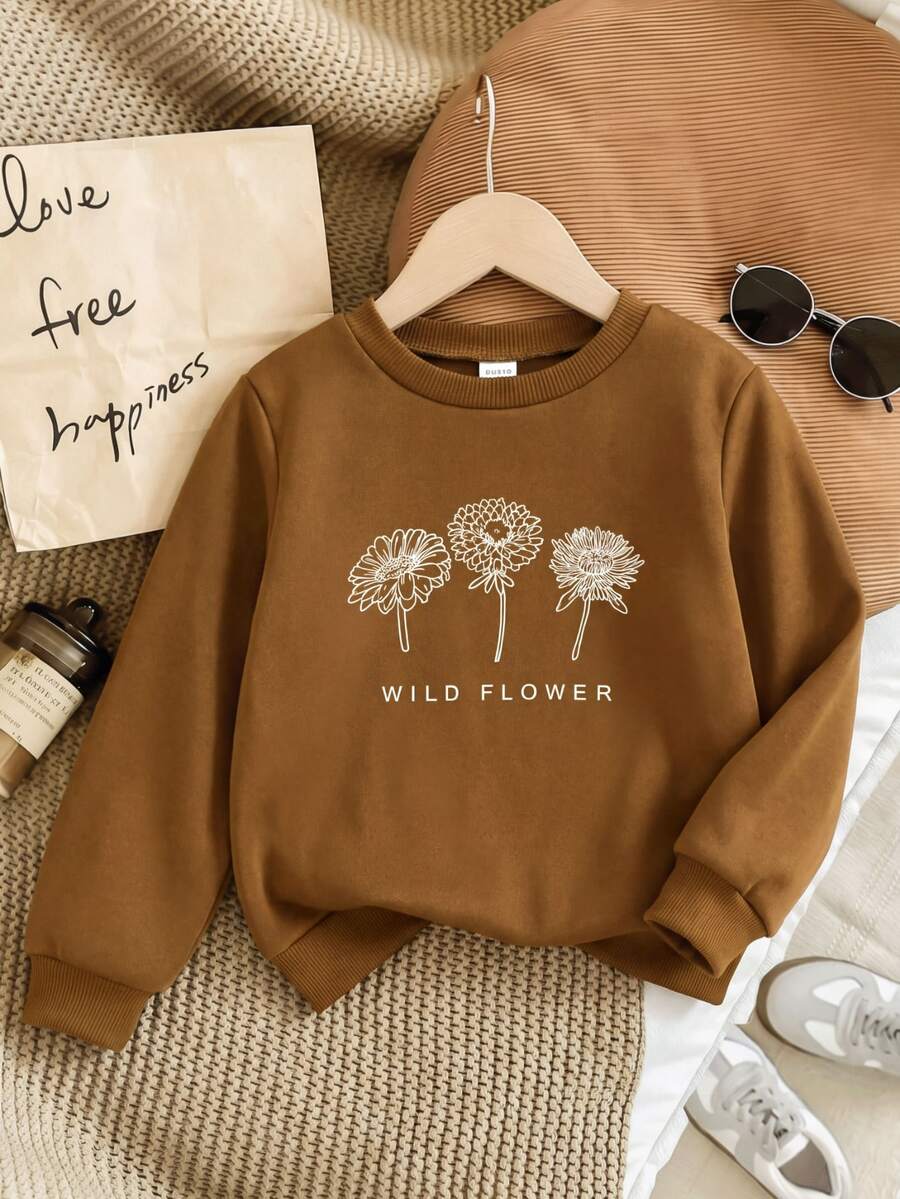 Young Girl Minimalist Floral Pattern Crew Neck Long Sleeve Sweatshirt Brown Sweatshirt Autumn Fall