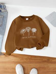 Young Girl Minimalist Floral Pattern Crew Neck Long Sleeve Sweatshirt Brown Sweatshirt Autumn Fall - Brown - View 4