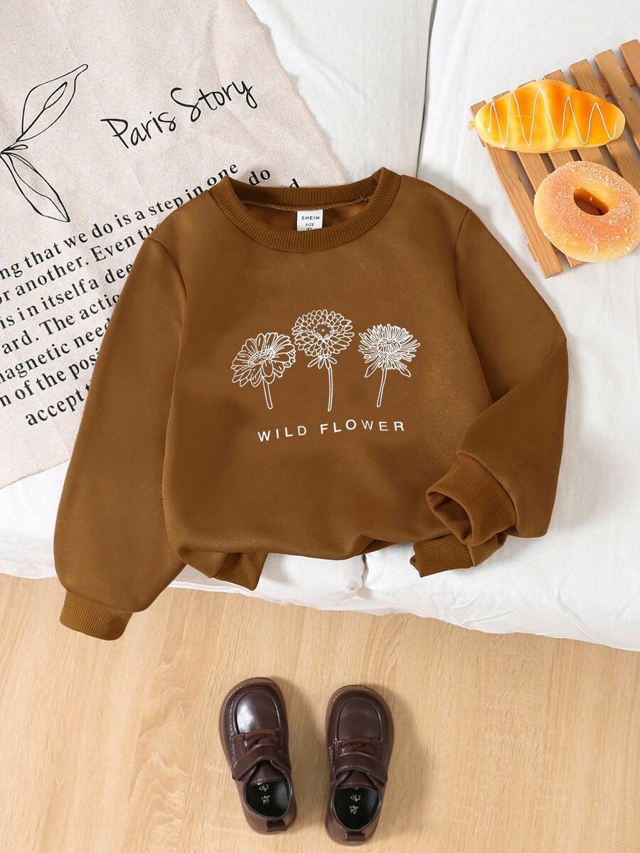 Young Girl Minimalist Floral Pattern Crew Neck Long Sleeve Sweatshirt Brown Sweatshirt Autumn Fall - Brown - View 1