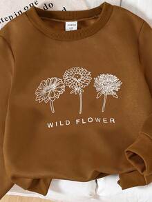 Young Girl Minimalist Floral Pattern Crew Neck Long Sleeve Sweatshirt Brown Sweatshirt Autumn Fall - Brown - View 5