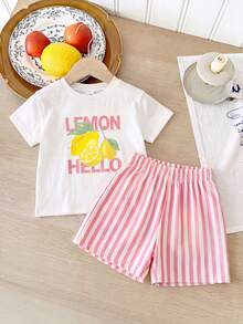 SHEIN Playful Pals 2件組女嬰檸檬水果印花圓領短袖T恤與條紋短褲白色夏季可愛度假假日嬰幼兒套裝 - 彩色 - 查看 4