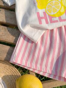 SHEIN Playful Pals 2件組女嬰檸檬水果印花圓領短袖T恤與條紋短褲白色夏季可愛度假假日嬰幼兒套裝 - 彩色 - 查看 6