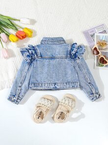 SHEIN Playful Pals Baby Girl New Double Ruffle Retro Kawaii Casual Fashion Denim Short Jacket, Jean Jacket, Girls Tops Autumn Vacation Prom Light Blue - Medium Wash - View 3
