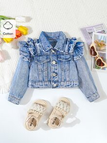 SHEIN Playful Pals Baby Girl New Double Ruffle Retro Kawaii Casual Fashion Denim Short Jacket, Jean Jacket, Girls Tops Autumn Vacation Prom Light Blue - Medium Wash - View 2