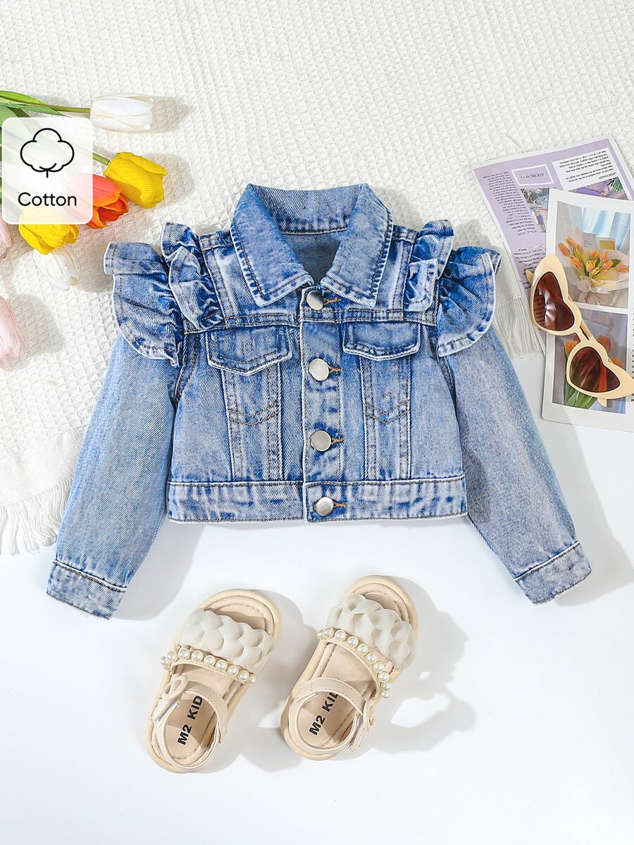 SHEIN Playful Pals Baby Girl New Double Ruffle Retro Kawaii Casual Fashion Denim Short Jacket, Jean Jacket, Girls Tops Autumn Vacation Prom Light Blue