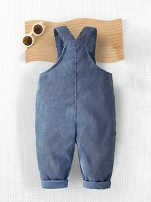SHEIN Playful Pals 新款男嬰藍棕色燈芯絨吊帶褲 1 件，秋季休閒復古可愛泰迪熊刺繡貼布，適合戶外玩耍與日常穿著 - 藍色 - 查看 3