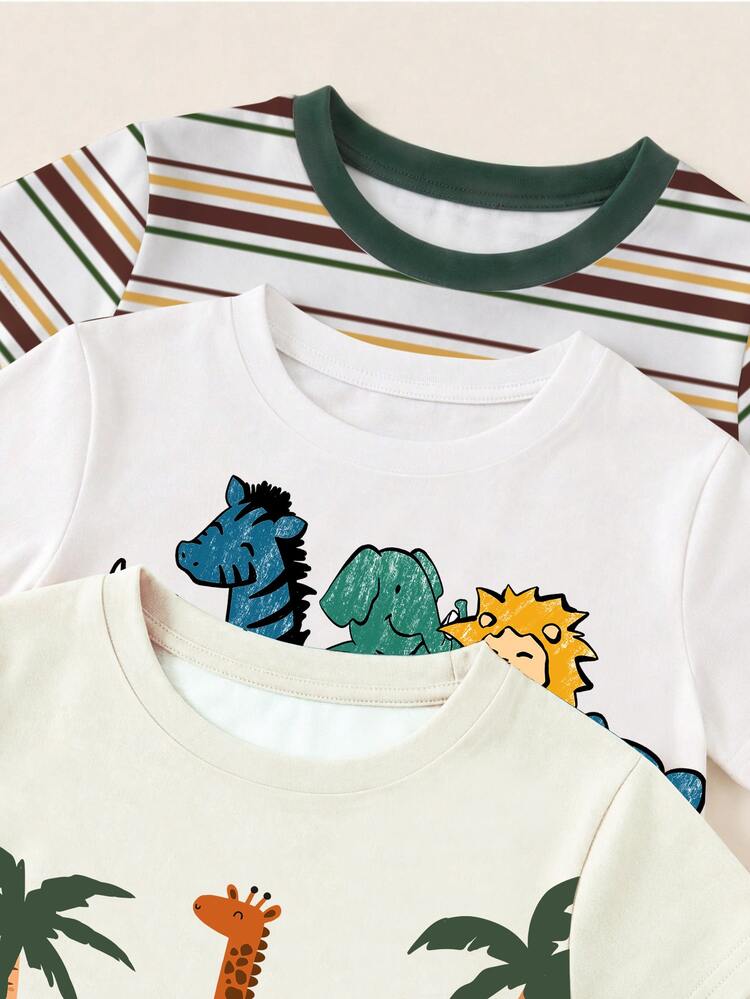 3-Piece Set Of Casual Short-Sleeve Crew-Neck T-Shirts For Baby Boys – Cute Animal Prints, Perfect For Summer - Multicolor - View 4
