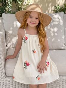 SHEIN Vintaside Kids 女童新款花卉印花休閒仙女公主風吊帶洋裝，夏季 Fleurora 春季優雅款，適合 7 歲生日、彩虹主題嬰兒洗禮派對 - 白色 - 查看 5