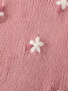 SHEIN 女童粉色針織連身褲，荷葉袖與花卉刺繡設計，柔軟舒適針織，可愛復古風嬰幼兒套裝 - 藕粉色 - 查看 7