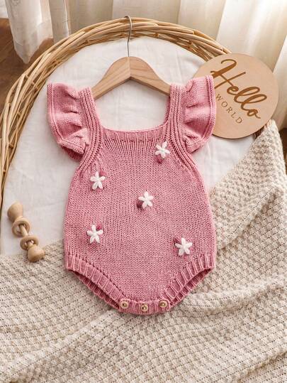 SHEIN Girls Pink Knitted Romper With Ruffle Sleeves And Floral Embroidery, Soft Cozy Knit, Cute Vintage Style Baby Toddler Outfit, Soft Comfortable