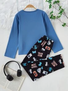 2pcs/ Fall Autumn/Winter Set Boys' Casual Video Game Print Long Sleeve Top And Pants Pajama Crew Neck Knit Letter Soft Cozy Cute Loungewear Indoor - Blue - View 3
