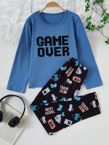 2pcs/ Fall Autumn/Winter Set Boys' Casual Video Game Print Long Sleeve Top And Pants Pajama Crew Neck Knit Letter Soft Cozy Cute Loungewear Indoor - Blue - View 7