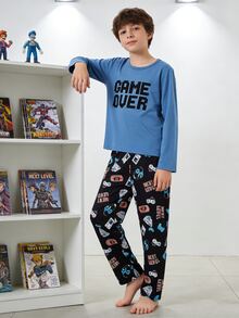 2pcs/ Fall Autumn/Winter Set Boys' Casual Video Game Print Long Sleeve Top And Pants Pajama Crew Neck Knit Letter Soft Cozy Cute Loungewear Indoor - Blue - View 6
