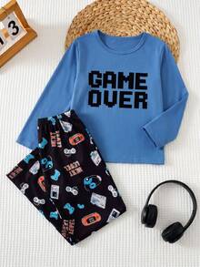 2pcs/ Fall Autumn/Winter Set Boys' Casual Video Game Print Long Sleeve Top And Pants Pajama Crew Neck Knit Letter Soft Cozy Cute Loungewear Indoor - Blue - View 2