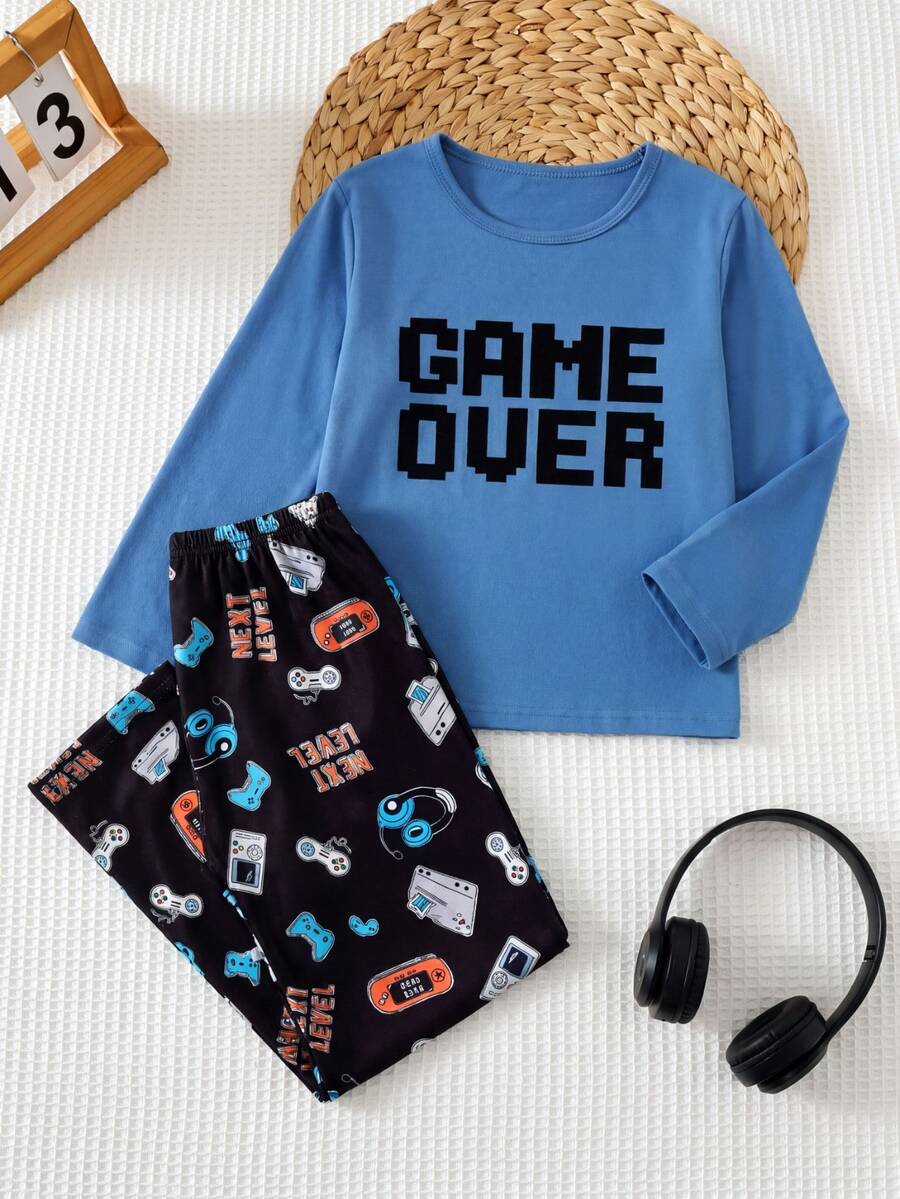 2pcs/ Fall Autumn/Winter Set Boys' Casual Video Game Print Long Sleeve Top And Pants Pajama Crew Neck Knit Letter Soft Cozy Cute Loungewear Indoor
