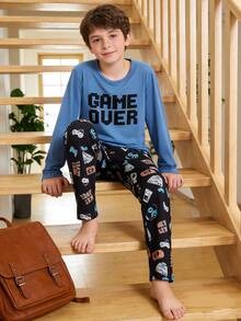2pcs/ Fall Autumn/Winter Set Boys' Casual Video Game Print Long Sleeve Top And Pants Pajama Crew Neck Knit Letter Soft Cozy Cute Loungewear Indoor - Blue - View 4