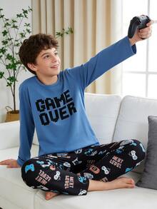 2pcs/ Fall Autumn/Winter Set Boys' Casual Video Game Print Long Sleeve Top And Pants Pajama Crew Neck Knit Letter Soft Cozy Cute Loungewear Indoor - Blue - View 13