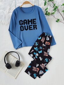 2pcs/ Fall Autumn/Winter Set Boys' Casual Video Game Print Long Sleeve Top And Pants Pajama Crew Neck Knit Letter Soft Cozy Cute Loungewear Indoor - Blue - View 11