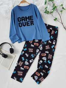 2pcs/ Fall Autumn/Winter Set Boys' Casual Video Game Print Long Sleeve Top And Pants Pajama Crew Neck Knit Letter Soft Cozy Cute Loungewear Indoor - Blue - View 8