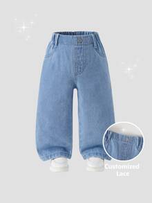 SHEIN Playful Pals Infant/Baby BoyCasual Jeans, Soft Denim Fabric, Elastic Waist, Straight Leg, Versatile For Daily Wear, All Season Autumn Fall - Light Wash - View 3